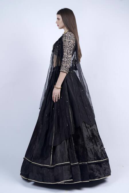 Buy Neha & Tarun Black Organza, Velvet, Bemberg Lace V Neck Embroidered Lehenga Set Online at Aza Fashions Buy_Neha & Tarun_Black Organza, Velvet, Bemberg Lace V Neck Embroidered Lehenga Set _Online_at_Aza_Fashions