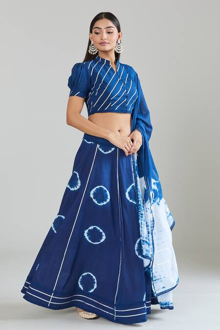Buy_Samyukta Singhania_Blue Pure Cotton Lace Mandarin Collar Tie-dye Pattern Lehenga Set_Online_at_Aza_Fashions