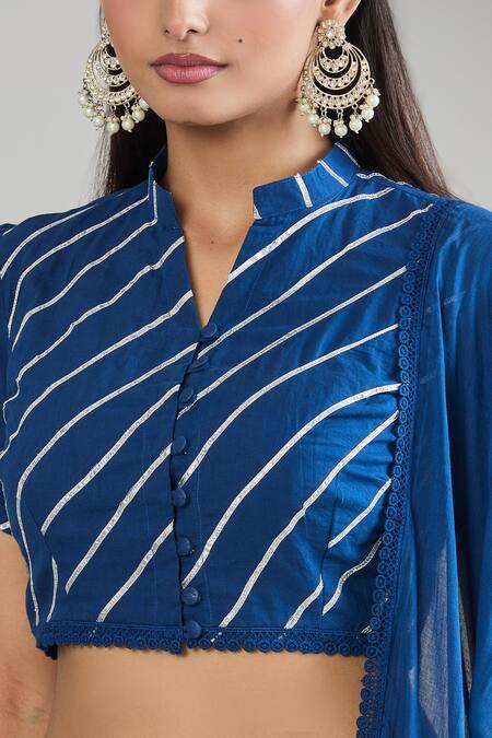 Samyukta Singhania_Blue Pure Cotton Lace Mandarin Collar Tie-dye Pattern Lehenga Set_at_Aza_Fashions