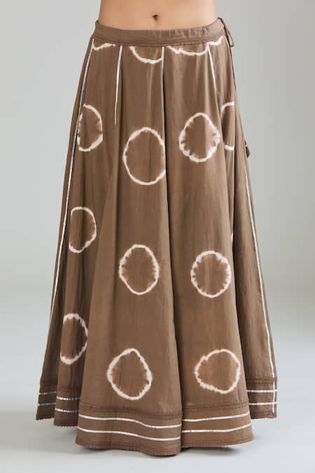 Shop_Samyukta Singhania_Brown Cotton Lace Mandarin Collar Embroidered Tie-dye Flared Lehenga Set_Online_at_Aza_Fashions