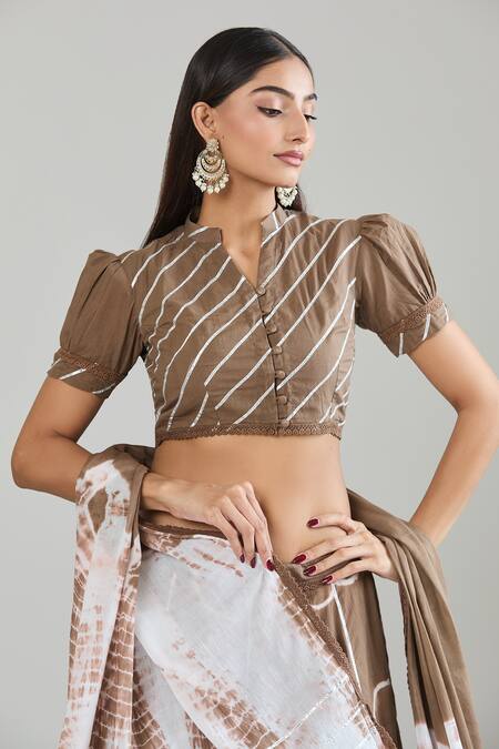 Samyukta Singhania_Brown Cotton Lace Mandarin Collar Embroidered Tie-dye Flared Lehenga Set_at_Aza_Fashions