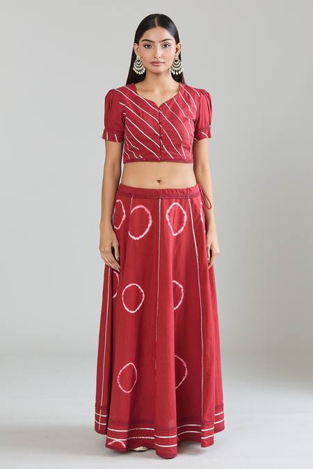 Samyukta Singhania Red Cotton Lace Mandarin Collar Embroidered Tie-dye Flared Lehenga Set Online at Aza Fashions Samyukta Singhania_Red Cotton Lace Mandarin Collar Embroidered Tie-dye Flared Lehenga Set_Online_at_Aza_Fashions