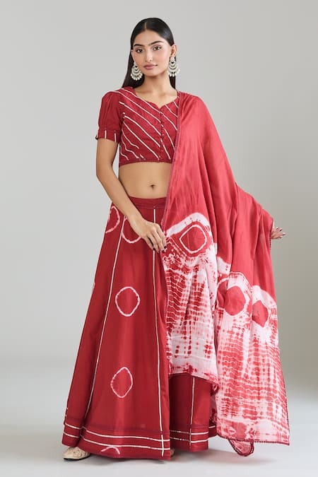 Shop Samyukta Singhania Red Cotton Lace Mandarin Collar Embroidered Tie-dye Flared Lehenga Set Online at Aza Fashions Shop_Samyukta Singhania_Red Cotton Lace Mandarin Collar Embroidered Tie-dye Flared Lehenga Set_Online_at_Aza_Fashions