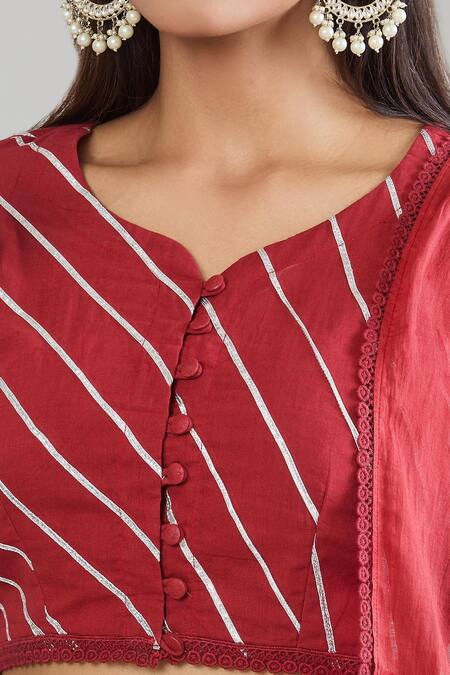 Samyukta Singhania Red Cotton Lace Mandarin Collar Embroidered Tie-dye Flared Lehenga Set at Aza Fashions Samyukta Singhania_Red Cotton Lace Mandarin Collar Embroidered Tie-dye Flared Lehenga Set_at_Aza_Fashions