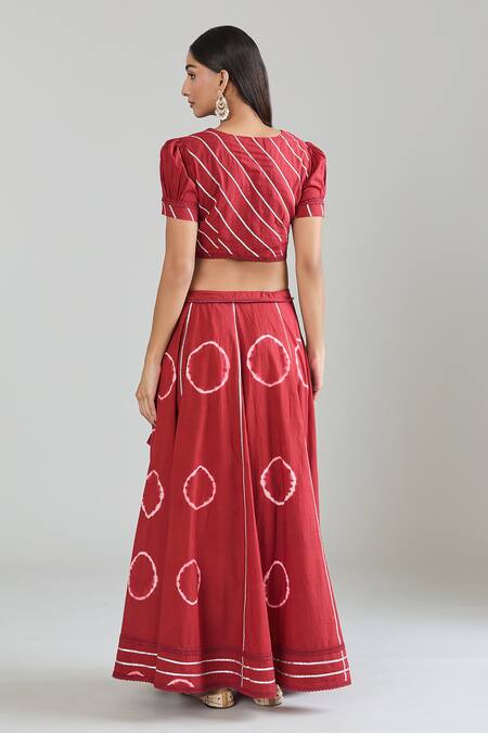 Shop Samyukta Singhania Red Cotton Lace Mandarin Collar Embroidered Tie-dye Flared Lehenga Set at Aza Fashions Shop_Samyukta Singhania_Red Cotton Lace Mandarin Collar Embroidered Tie-dye Flared Lehenga Set_at_Aza_Fashions