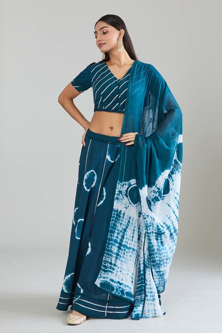 Samyukta Singhania_Blue Cotton Lace Mandarin Collar Tie-dye Embroidered Lehenga Set_at_Aza_Fashions