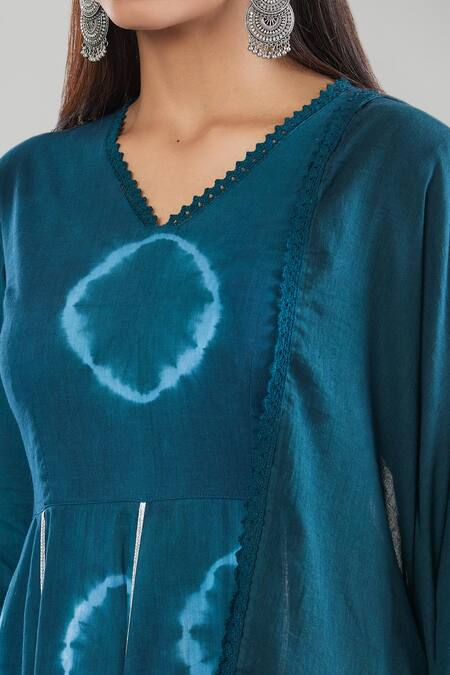 Buy Naintara Bajaj Blue Cotton Lace V-neck Tie-dye Anarkali Set With Dupatta And Pant Online at Aza Fashions Buy_Naintara Bajaj_Blue Cotton Lace V-neck Tie-dye Anarkali Set With Dupatta And Pant _Online_at_Aza_Fashions