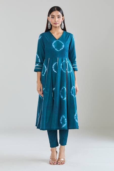 Naintara Bajaj Blue Cotton Lace V-neck Tie-dye Anarkali Set With Dupatta And Pant at Aza Fashions Naintara Bajaj_Blue Cotton Lace V-neck Tie-dye Anarkali Set With Dupatta And Pant _at_Aza_Fashions