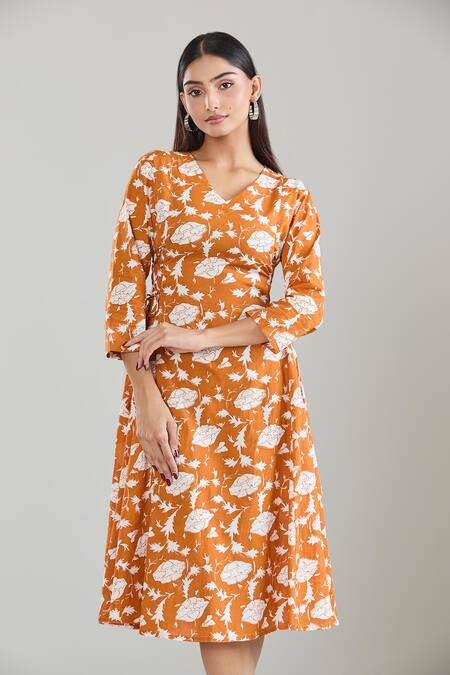 Samyukta Singhania Orange Cotton V-neck Floral Hand Block Printed Midi Dress Online at Aza Fashions Samyukta Singhania_Orange Cotton V-neck Floral Hand Block Printed Midi Dress_Online_at_Aza_Fashions