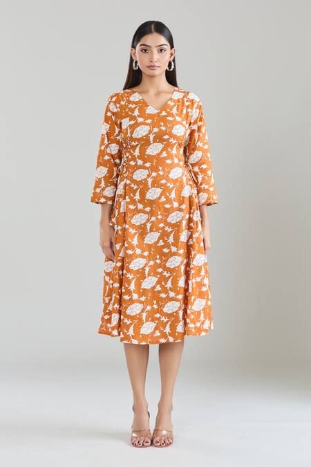 Buy Samyukta Singhania Orange Cotton V-neck Floral Hand Block Printed Midi Dress Online at Aza Fashions Buy_Samyukta Singhania_Orange Cotton V-neck Floral Hand Block Printed Midi Dress_Online_at_Aza_Fashions