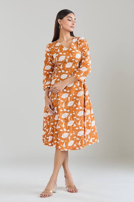 Shop Samyukta Singhania Orange Cotton V-neck Floral Hand Block Printed Midi Dress Online at Aza Fashions Shop_Samyukta Singhania_Orange Cotton V-neck Floral Hand Block Printed Midi Dress_Online_at_Aza_Fashions