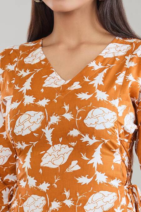 Samyukta Singhania Orange Cotton V-neck Floral Hand Block Printed Midi Dress at Aza Fashions Samyukta Singhania_Orange Cotton V-neck Floral Hand Block Printed Midi Dress_at_Aza_Fashions