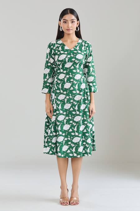 Shop_Samyukta Singhania_Green Cotton V-neck Floral Hand Block Printed Midi Dress_Online_at_Aza_Fashions