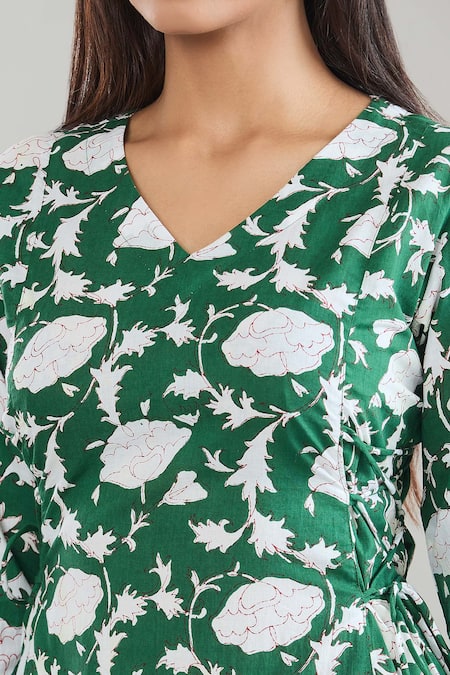 Samyukta Singhania_Green Cotton V-neck Floral Hand Block Printed Midi Dress_at_Aza_Fashions