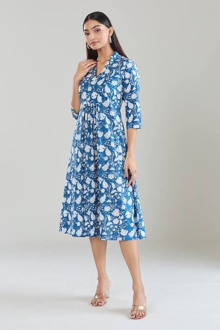 Samyukta Singhania Blue Cotton V-neck Floral Hand Block Printed Midi Dress Online at Aza Fashions Samyukta Singhania_Blue Cotton V-neck Floral Hand Block Printed Midi Dress_Online_at_Aza_Fashions