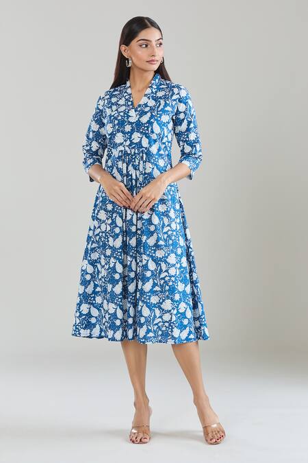 Buy Samyukta Singhania Blue Cotton V-neck Floral Hand Block Printed Midi Dress Online at Aza Fashions Buy_Samyukta Singhania_Blue Cotton V-neck Floral Hand Block Printed Midi Dress_Online_at_Aza_Fashions