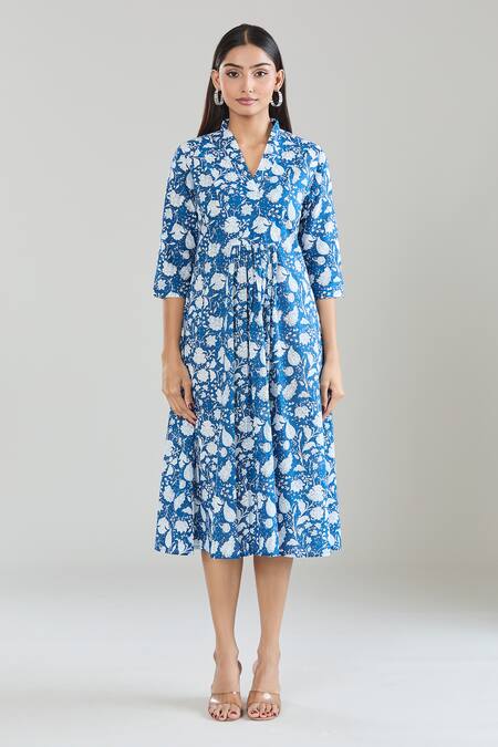 Shop Samyukta Singhania Blue Cotton V-neck Floral Hand Block Printed Midi Dress Online at Aza Fashions Shop_Samyukta Singhania_Blue Cotton V-neck Floral Hand Block Printed Midi Dress_Online_at_Aza_Fashions