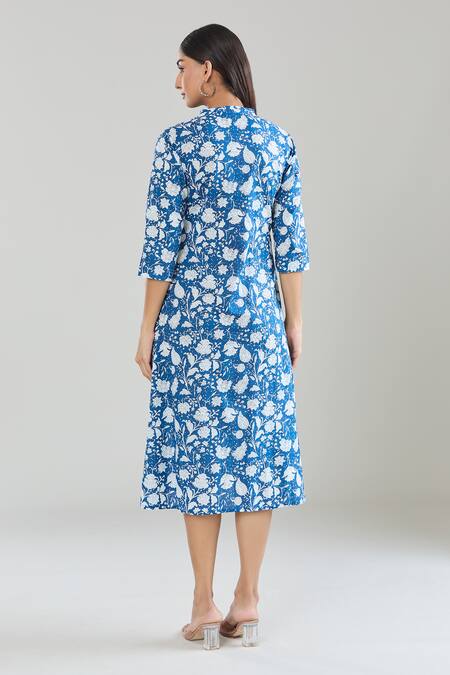 Shop Samyukta Singhania Blue Cotton V-neck Floral Hand Block Printed Midi Dress at Aza Fashions Shop_Samyukta Singhania_Blue Cotton V-neck Floral Hand Block Printed Midi Dress_at_Aza_Fashions