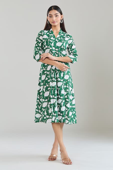Samyukta Singhania Green Cotton V-neck Floral Hand Block Printed Midi Dress 
