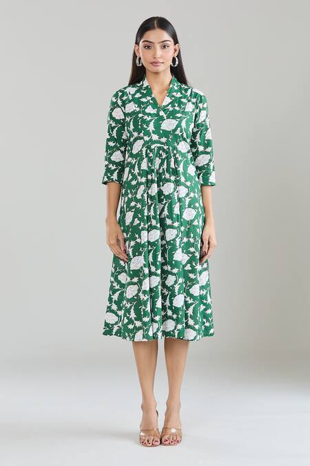 Samyukta Singhania Green Cotton V-neck Floral Hand Block Printed Midi Dress Online at Aza Fashions Samyukta Singhania_Green Cotton V-neck Floral Hand Block Printed Midi Dress_Online_at_Aza_Fashions