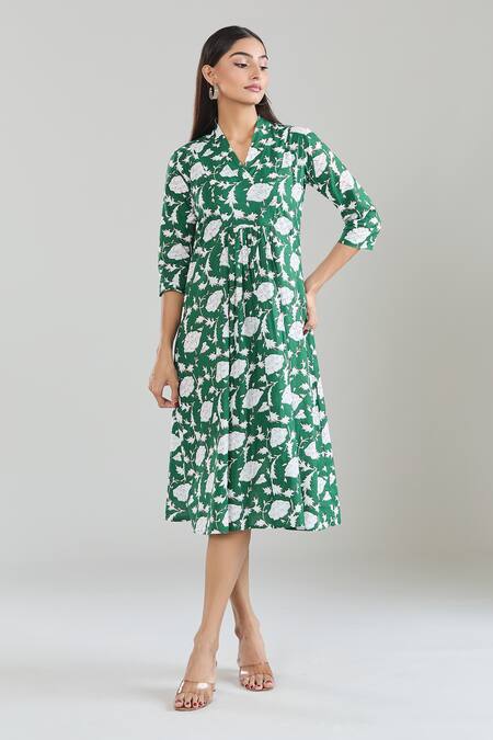 Shop Samyukta Singhania Green Cotton V-neck Floral Hand Block Printed Midi Dress Online at Aza Fashions Shop_Samyukta Singhania_Green Cotton V-neck Floral Hand Block Printed Midi Dress_Online_at_Aza_Fashions