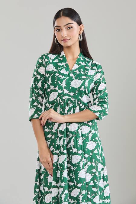 Buy Samyukta Singhania Green Cotton V-neck Floral Hand Block Printed Midi Dress Buy_Samyukta Singhania_Green Cotton V-neck Floral Hand Block Printed Midi Dress