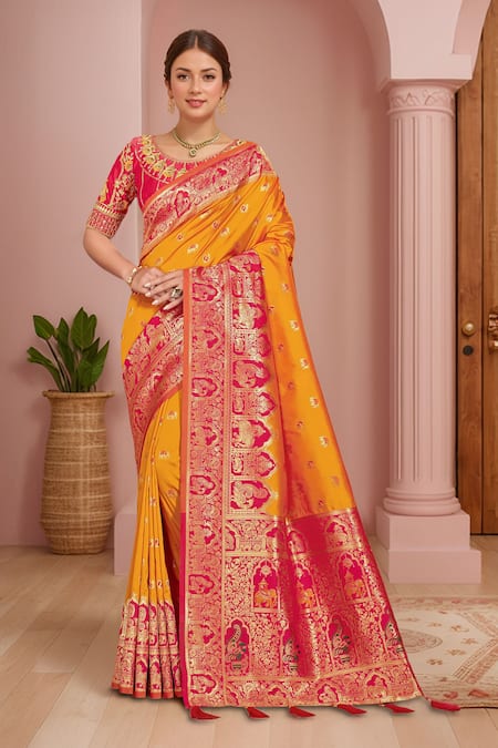 Samyukta Singhania Yellow Banarasi Silk Woven Saree & Blouse 