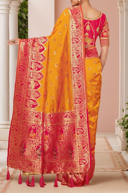 Shop Naintara Bajaj Pink Silk Sequins, Embroidery Round Neck Yellow Banarasi Woven Saree And Blouse at Aza Fashions Shop_Naintara Bajaj_Pink Silk Sequins, Embroidery Round Neck Yellow Banarasi Woven Saree And Blouse_at_Aza_Fashions