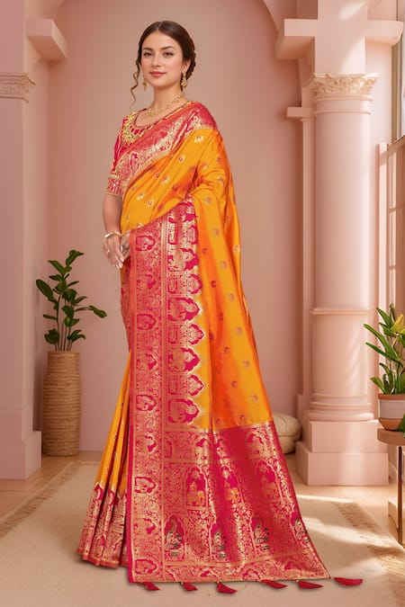 Naintara Bajaj Pink Silk Sequins, Embroidery Round Neck Yellow Banarasi Woven Saree And Blouse Online at Aza Fashions Naintara Bajaj_Pink Silk Sequins, Embroidery Round Neck Yellow Banarasi Woven Saree And Blouse_Online_at_Aza_Fashions