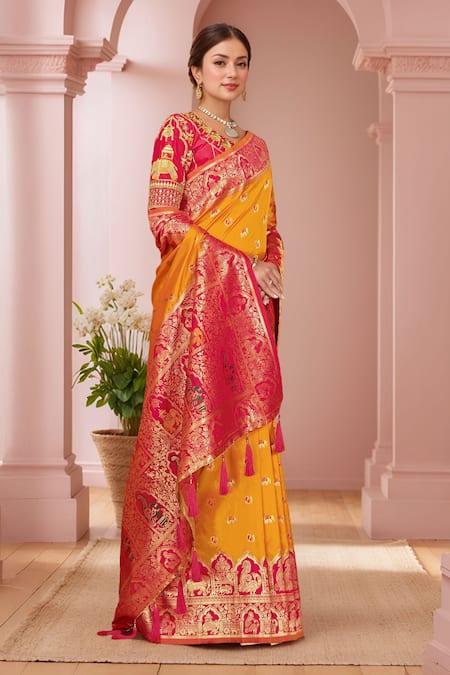 Buy Naintara Bajaj Pink Silk Sequins, Embroidery Round Neck Yellow Banarasi Woven Saree And Blouse Online at Aza Fashions Buy_Naintara Bajaj_Pink Silk Sequins, Embroidery Round Neck Yellow Banarasi Woven Saree And Blouse_Online_at_Aza_Fashions