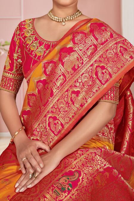 Shop Naintara Bajaj Pink Silk Sequins, Embroidery Round Neck Yellow Banarasi Woven Saree And Blouse Online at Aza Fashions Shop_Naintara Bajaj_Pink Silk Sequins, Embroidery Round Neck Yellow Banarasi Woven Saree And Blouse_Online_at_Aza_Fashions