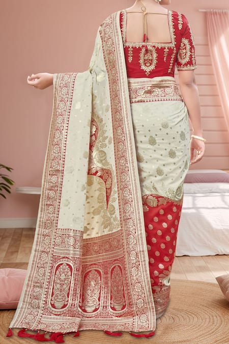 Shop Naintara Bajaj Red Denim, Silk Embroidery Round Neck Floral Woven Banarasi Saree Set at Aza Fashions Shop_Naintara Bajaj_Red Denim, Silk Embroidery Round Neck Floral Woven Banarasi Saree Set _at_Aza_Fashions
