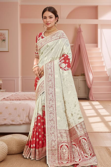 Naintara Bajaj Red Denim, Silk Embroidery Round Neck Floral Woven Banarasi Saree Set Online at Aza Fashions Naintara Bajaj_Red Denim, Silk Embroidery Round Neck Floral Woven Banarasi Saree Set _Online_at_Aza_Fashions