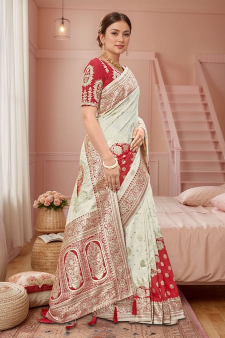 Buy Naintara Bajaj Red Denim, Silk Embroidery Round Neck Floral Woven Banarasi Saree Set Online at Aza Fashions Buy_Naintara Bajaj_Red Denim, Silk Embroidery Round Neck Floral Woven Banarasi Saree Set _Online_at_Aza_Fashions