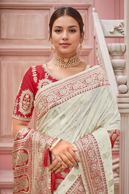 Shop Naintara Bajaj Red Denim, Silk Embroidery Round Neck Floral Woven Banarasi Saree Set Online at Aza Fashions Shop_Naintara Bajaj_Red Denim, Silk Embroidery Round Neck Floral Woven Banarasi Saree Set _Online_at_Aza_Fashions