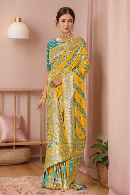 Naintara Bajaj Yellow Georgette, Silk Embroidery, Sequins Floral Woven Saree And Blouse Set Online at Aza Fashions Naintara Bajaj_Yellow Georgette, Silk Embroidery, Sequins Floral Woven Saree And Blouse Set_Online_at_Aza_Fashions