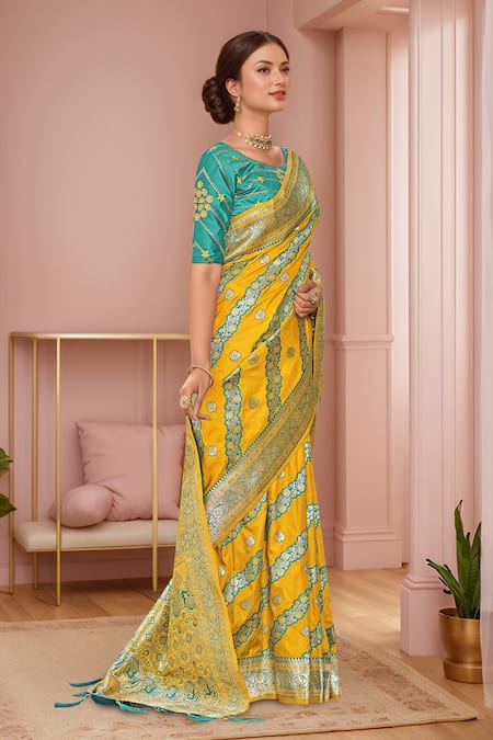 Buy Naintara Bajaj Yellow Georgette, Silk Embroidery, Sequins Floral Woven Saree And Blouse Set Online at Aza Fashions Buy_Naintara Bajaj_Yellow Georgette, Silk Embroidery, Sequins Floral Woven Saree And Blouse Set_Online_at_Aza_Fashions