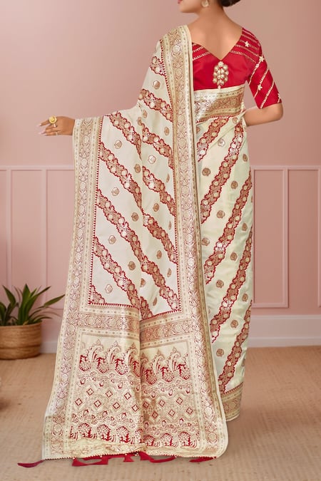 Shop Naintara Bajaj White Georgette, Silk Embroidery, Sequins Round Floral Geometric Woven Saree Set at Aza Fashions Shop_Naintara Bajaj_White Georgette, Silk Embroidery, Sequins Round Floral Geometric Woven Saree Set _at_Aza_Fashions