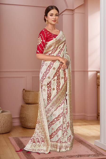 Buy Naintara Bajaj White Georgette, Silk Embroidery, Sequins Round Floral Geometric Woven Saree Set Online at Aza Fashions Buy_Naintara Bajaj_White Georgette, Silk Embroidery, Sequins Round Floral Geometric Woven Saree Set _Online_at_Aza_Fashions