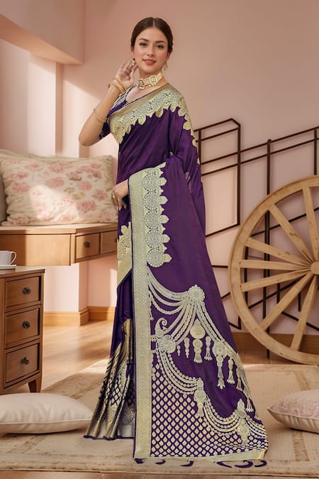 Naintara Bajaj_Purple Georgette, Silk Embroidery, Zari, Floral Paisley Woven Saree And Blouse_Online_at_Aza_Fashions