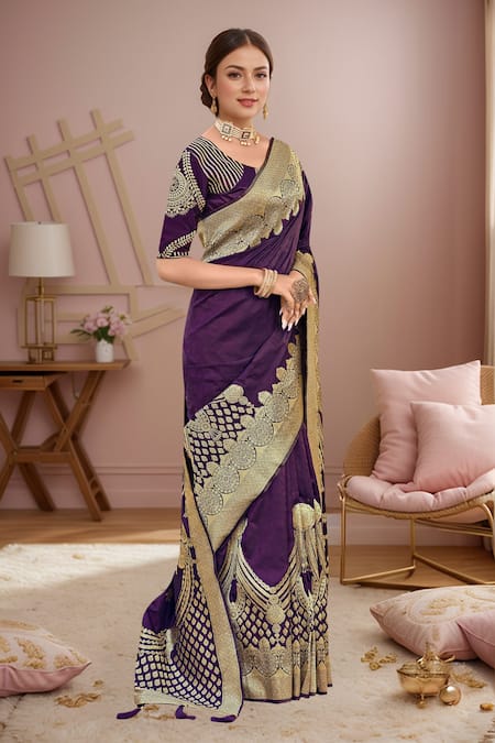 Buy_Naintara Bajaj_Purple Georgette, Silk Embroidery, Zari, Floral Paisley Woven Saree And Blouse_Online_at_Aza_Fashions