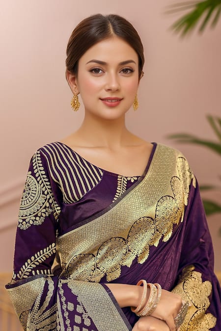 Shop_Naintara Bajaj_Purple Georgette, Silk Embroidery, Zari, Floral Paisley Woven Saree And Blouse_Online_at_Aza_Fashions