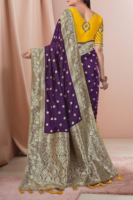 Shop Naintara Bajaj Purple Georgette, Silk Embroidery Boat Neck Floral Woven Saree Set at Aza Fashions Shop_Naintara Bajaj_Purple Georgette, Silk Embroidery Boat Neck Floral Woven Saree Set _at_Aza_Fashions