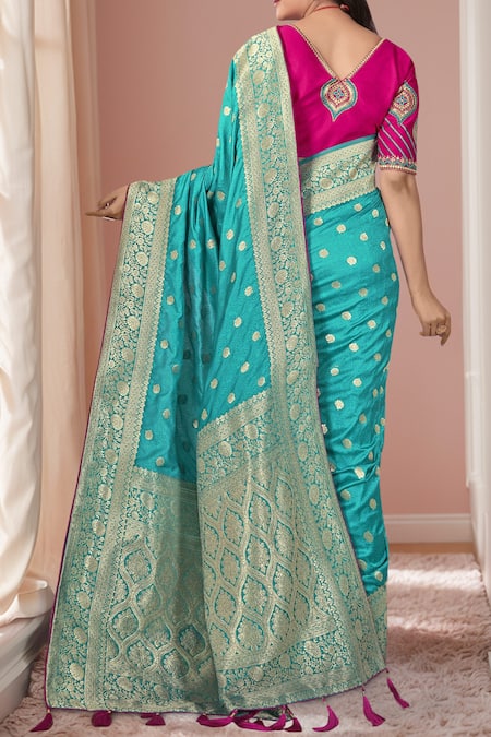 Shop Naintara Bajaj Blue Georgette, Silk Embroidery V-neck Floral Tear Drop Woven Saree Set at Aza Fashions Shop_Naintara Bajaj_Blue Georgette, Silk Embroidery V-neck Floral Tear Drop Woven Saree Set _at_Aza_Fashions