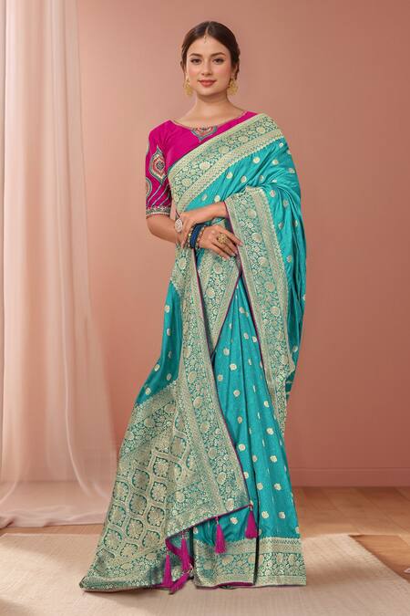 Naintara Bajaj Blue Georgette, Silk Embroidery V-neck Floral Tear Drop Woven Saree Set Online at Aza Fashions Naintara Bajaj_Blue Georgette, Silk Embroidery V-neck Floral Tear Drop Woven Saree Set _Online_at_Aza_Fashions