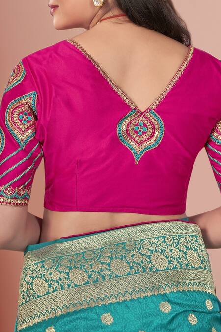 Buy Naintara Bajaj Blue Georgette, Silk Embroidery V-neck Floral Tear Drop Woven Saree Set Online at Aza Fashions Buy_Naintara Bajaj_Blue Georgette, Silk Embroidery V-neck Floral Tear Drop Woven Saree Set _Online_at_Aza_Fashions