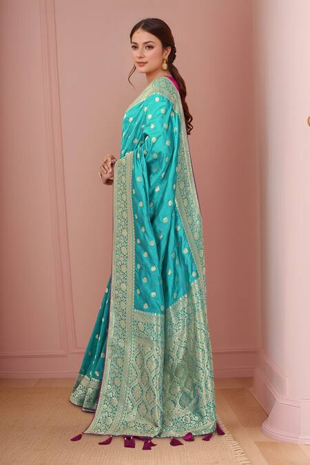 Naintara Bajaj Blue Georgette, Silk Embroidery V-neck Floral Tear Drop Woven Saree Set at Aza Fashions Naintara Bajaj_Blue Georgette, Silk Embroidery V-neck Floral Tear Drop Woven Saree Set _at_Aza_Fashions