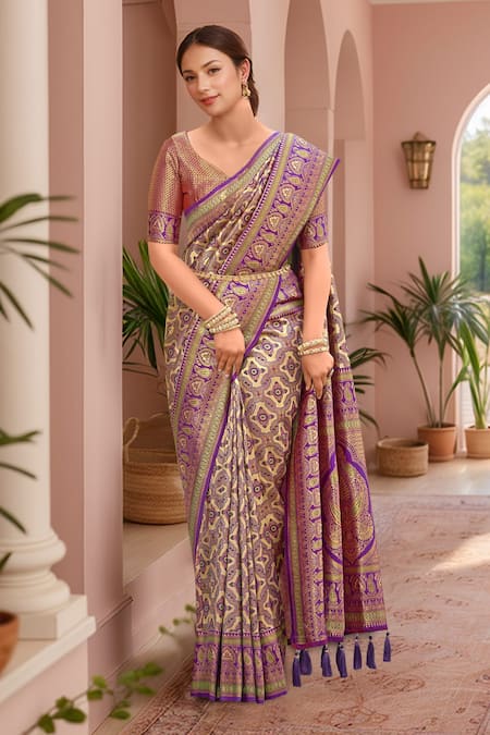 Naintara Bajaj_Purple Silk, Brocade Embroidery, Tassels Abstract Woven Pattern Saree And Blouse _Online_at_Aza_Fashions