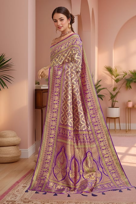 Shop_Naintara Bajaj_Purple Silk, Brocade Embroidery, Tassels Abstract Woven Pattern Saree And Blouse _Online_at_Aza_Fashions
