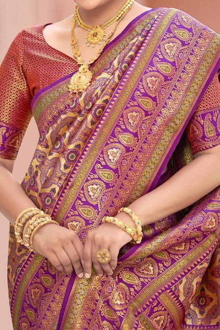 Shop_Naintara Bajaj_Purple Silk, Brocade Embroidery, Tassels Abstract Woven Pattern Saree And Blouse 